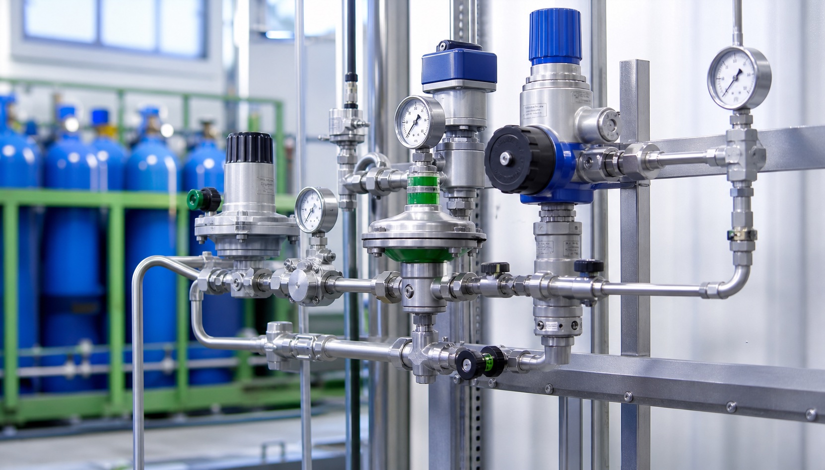 Centrale de détente de gaz industriel avec manomètres et tuyauteries